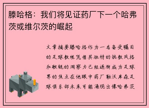 滕哈格:我们将见证药厂下一个哈弗茨或维尔茨的崛起 滕哈格:我们将见证药厂下一个哈弗茨或维尔茨的崛起