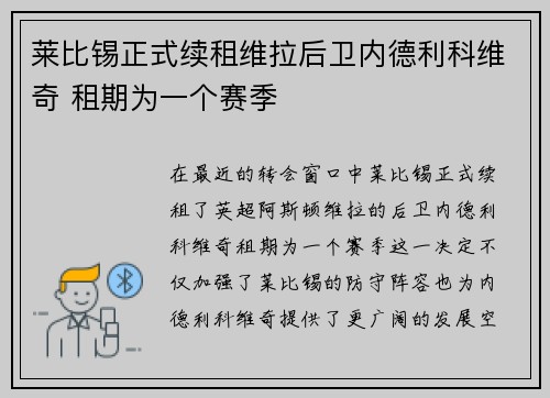莱比锡正式续租维拉后卫内德利科维奇 租期为一个赛季 莱比锡正式续租维拉后卫内德利科维奇 租期为一个赛季