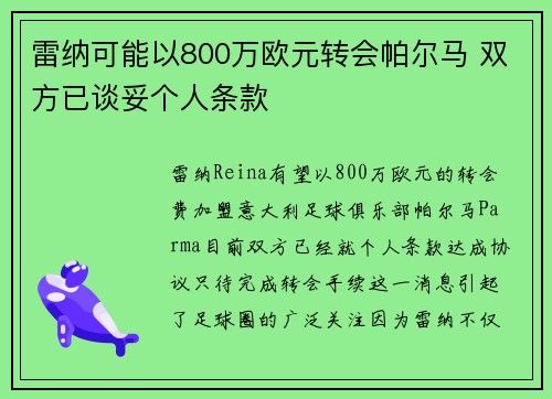 雷纳可能以800万欧元转会帕尔马 双方已谈妥个人条款 雷纳可能以800万欧元转会帕尔马 双方已谈妥个人条款