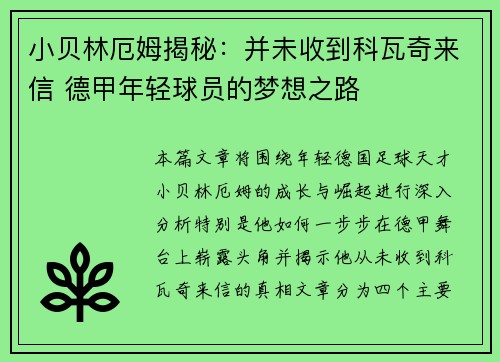 小贝林厄姆揭秘:并未收到科瓦奇来信 德甲年轻球员的梦想之路 小贝林厄姆揭秘:并未收到科瓦奇来信 德甲年轻球员的梦想之路