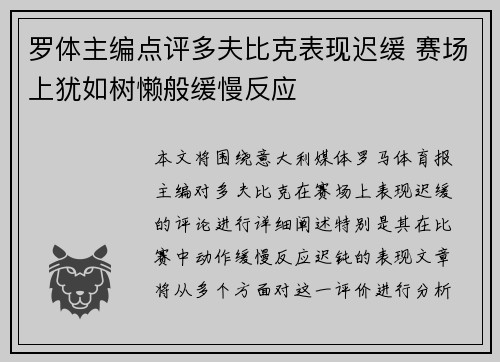 罗体主编点评多夫比克表现迟缓 赛场上犹如树懒般缓慢反应 罗体主编点评多夫比克表现迟缓 赛场上犹如树懒般缓慢反应
