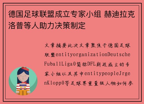 德国足球联盟成立专家小组 赫迪拉克洛普等人助力决策制定 德国足球联盟成立专家小组 赫迪拉克洛普等人助力决策制定